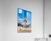 White bell tower against blue sky and sea. Acrylic Print