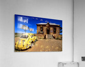 A painted yellow Beetle outside a rural stone gallery. Acrylic Print