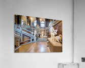 Ornate museum hall with statues grand staircase and visitor. Acrylic Print