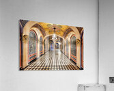 Historic church corridor with ornate arches and checkered floor. Acrylic Print