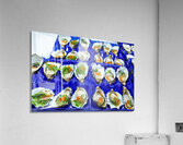 Fresh oysters with garnishes in blue trays. Acrylic Print