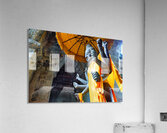 Ancient multi armed statue yellow fabric inside stone temple. Acrylic Print