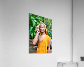 Smiling monk talks on phone with towel on head. Acrylic Print