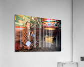Bhutanese man with prayer beads and spinning prayer wheel. Acrylic Print
