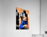 Smiling child peeking from a wooden window. Acrylic Print