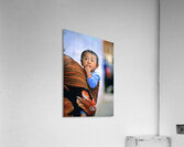 Curious child carried in a patterned fabric sling. Acrylic Print