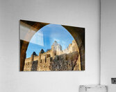 Exploring the historic walls of Carcassonne in France under blue Acrylic Print