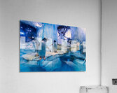 Penguins play on ice near water with a skeleton exhibit in Dubai Acrylic Print