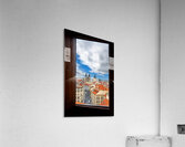 Prague cityscape from window Tyn Church red roofs. Acrylic Print