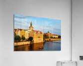 Sunset over Pragues Vltava River historic buildings and boat. Acrylic Print