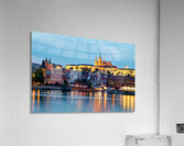 Prague cityscape at night with castle and river reflections. Acrylic Print