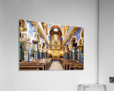 Grand ornate synagogue interior featuring golden ark and pews. Acrylic Print