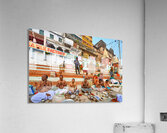 Barechested men offer prayers by the Ganges River in Varanasi Acrylic Print