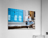 Portrait of a beggar sitting by a blue door in Fez Morocco Acrylic Print