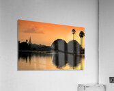Sunset over the water in Yangon with palm trees and buildings Acrylic Print