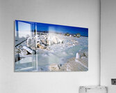 Explorers on a salt flat with salt blocks and water. Acrylic Print