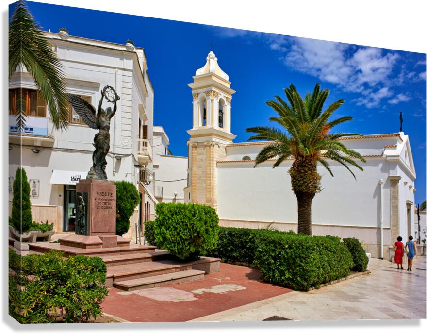 Vieste Gargano. Apulia Puglia Italy. Santa Croce church and bronze statue