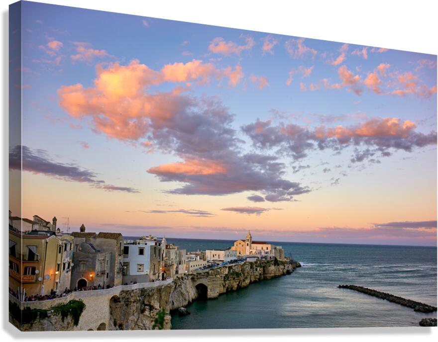 Vieste Gargano. Apulia Puglia Italy. Cape San Francesco and San Francesco church at sunset