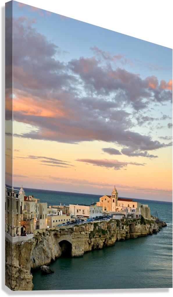 Vieste Gargano. Apulia Puglia Italy. Cape San Francesco and San Francesco church at sunset