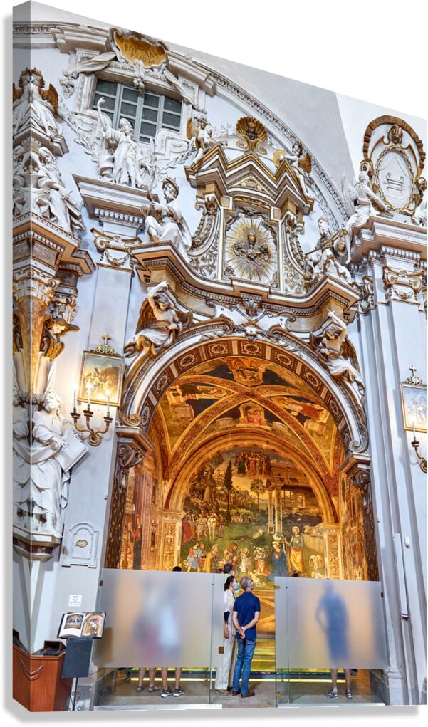Spello Umbria Italy. Tourists admiring Baglioni Chapel frescoed by Pinturicchio in Santa Maria Maggiore Church
