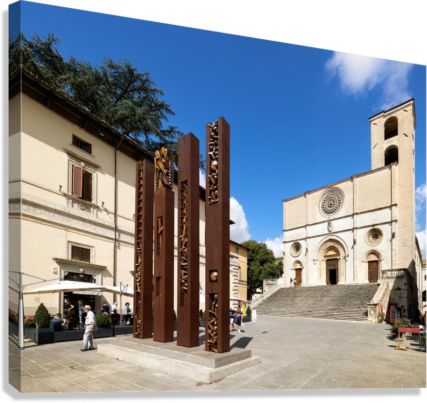 Todi Umbria Italy. Concattedrale della Santissima Annunziata. Cathedral. Piazza del Popolo. The statue Quattro Stele by Arnaldo Pomodoro
