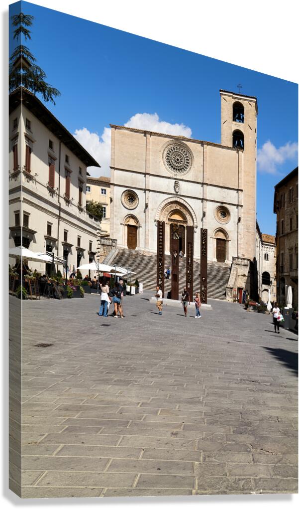 Todi Umbria Italy. Concattedrale della Santissima Annunziata. Cathedral. Piazza del Popolo. The statue Quattro Stele by Arnaldo Pomodoro