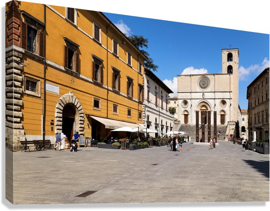 Todi Umbria Italy. Concattedrale della Santissima Annunziata. Cathedral. Piazza del Popolo. The statue Quattro Stele by Arnaldo Pomodoro