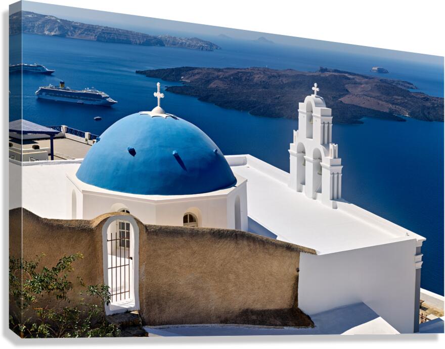 Santorini blue dome church bell tower caldera cruise ships.