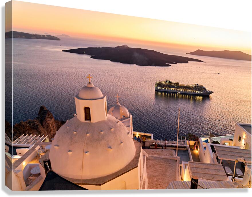 Santorini sunset: cruise ship caldera and white domed churches