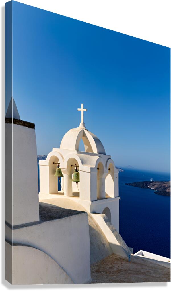 Santorini church bells with caldera view.