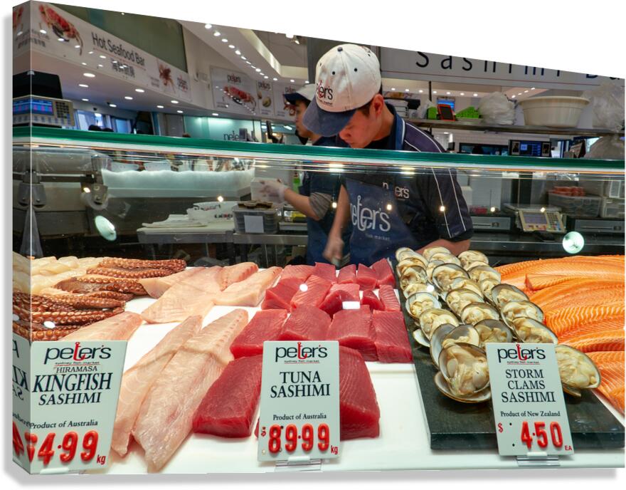 Fresh sashimi and seafood displayed at Peters Fish Market.