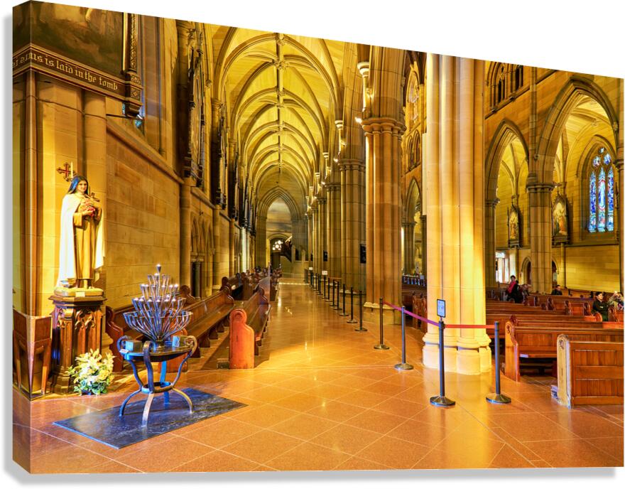 Interior of a grand cathedral with pews and stained glass.