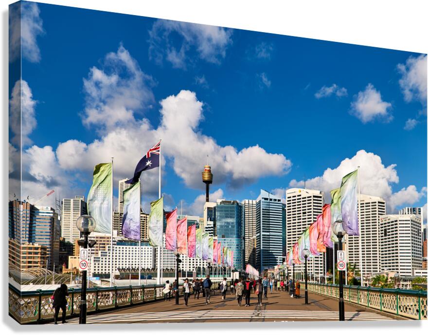 Sydney Harbour Bridge with flags and city skyline.