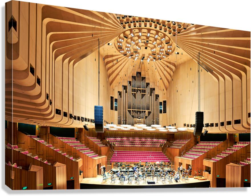 Orchestra rehearses in a modern concert hall with wooden interio
