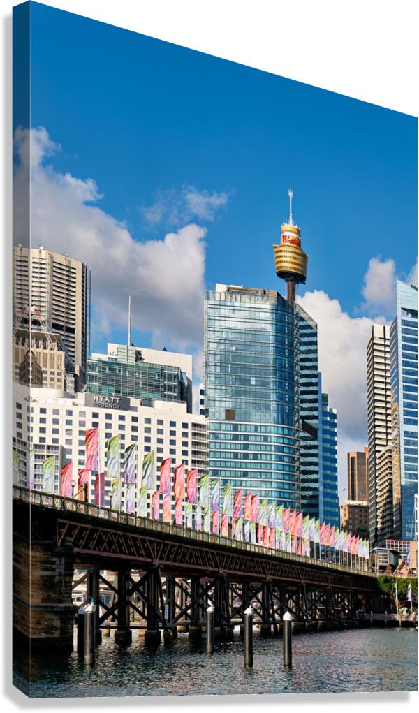 Sydney Harbour Bridge with colorful flags and city skyline.