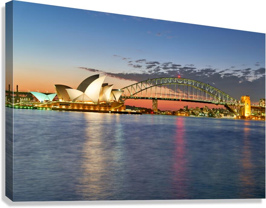 Sydney Opera House and Harbour Bridge at dusk.
