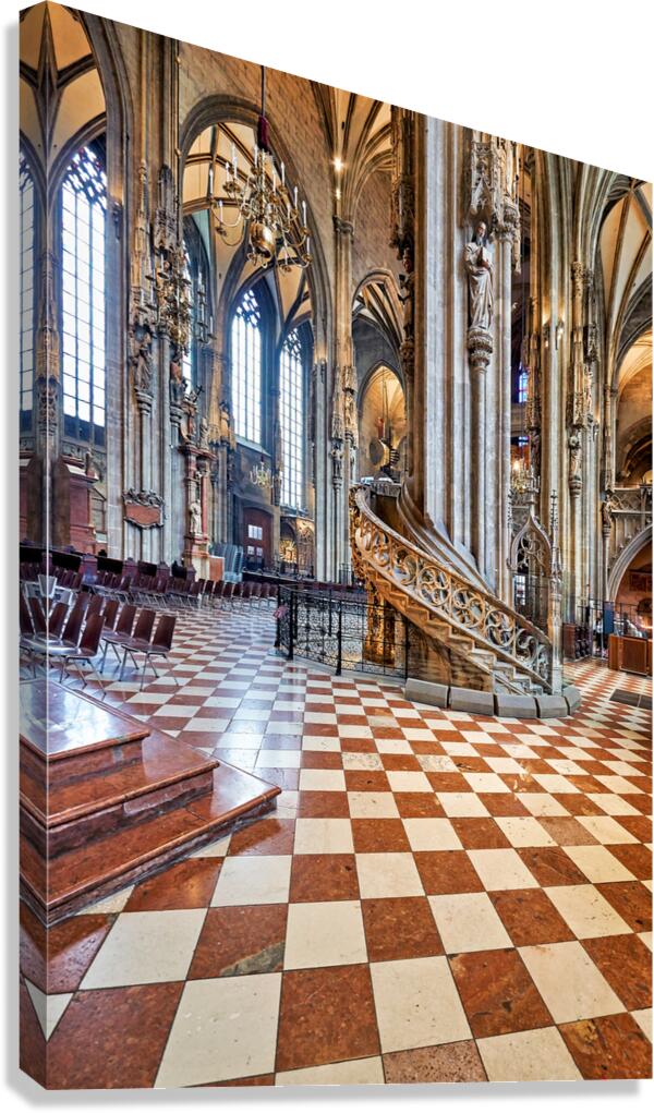 Ornate Gothic cathedral interior with checkered floor and spiral