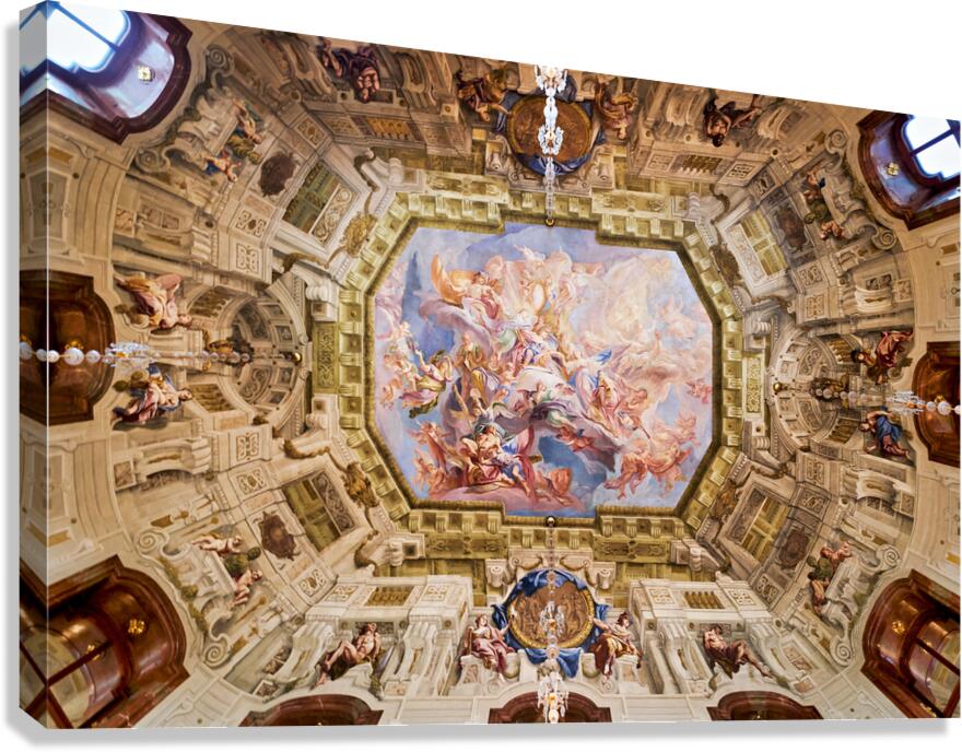 Ornate baroque ceiling fresco with numerous figures.