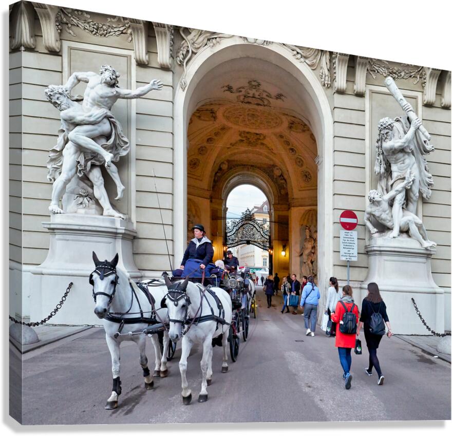 Historic archway with statues horse carriage and pedestrians.