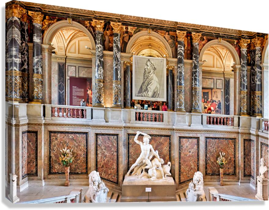 Opulent museum interior with classical statues paintings and m