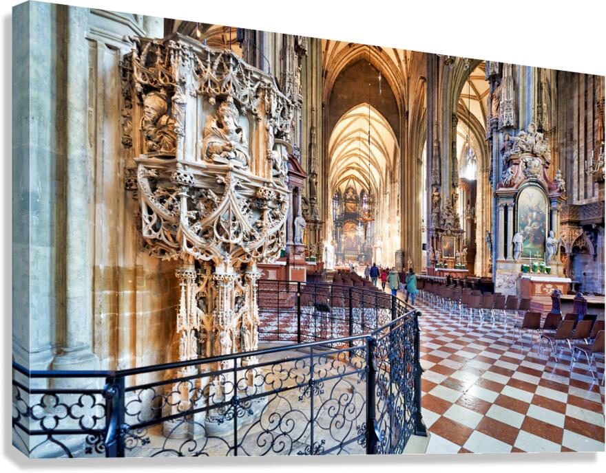 Grand ornate cathedral interior with intricate carvings and vau