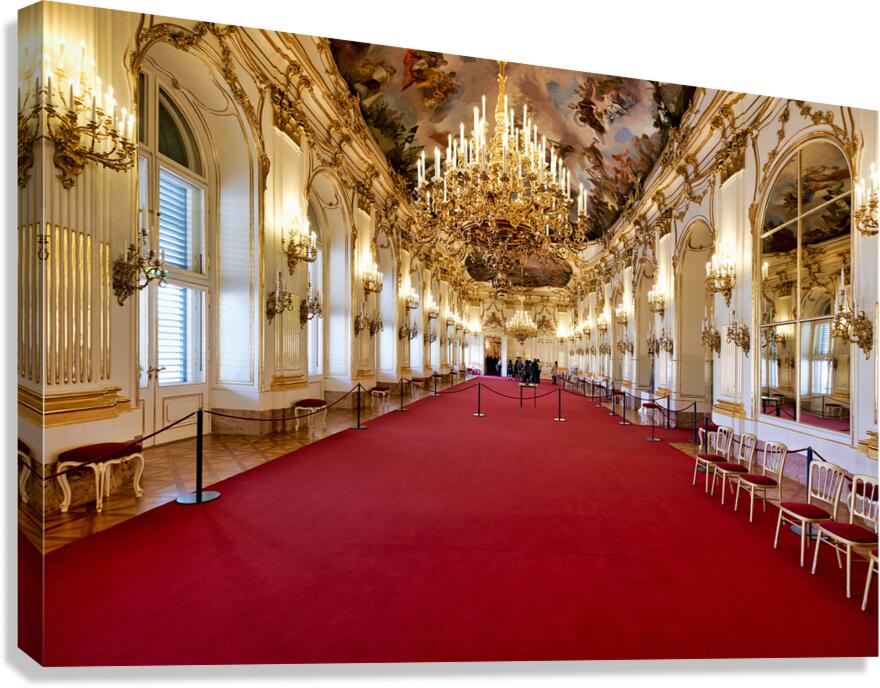 Luxurious palace interior with red carpet chandeliers and orna