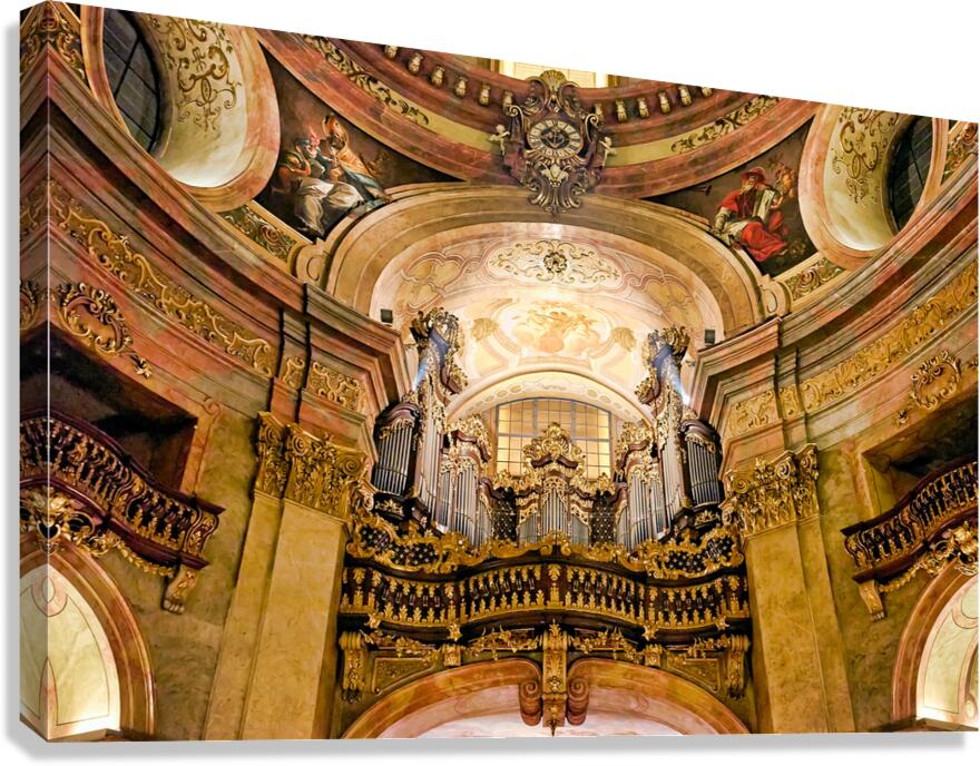 Grand baroque church interior featuring ornate organ frescoes 
