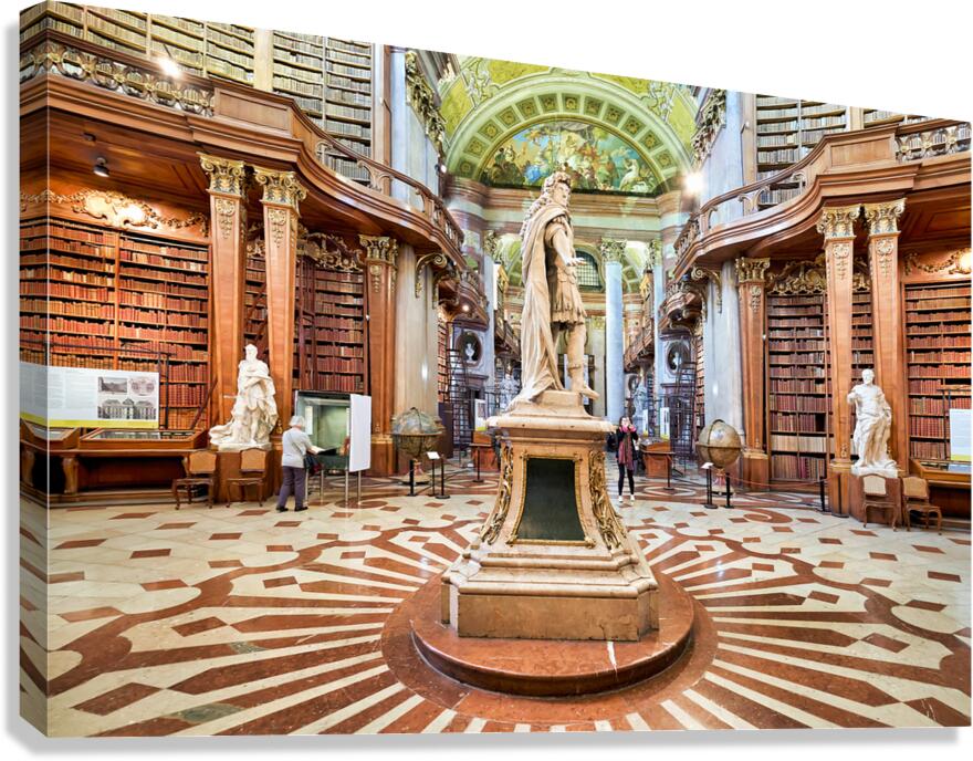 Magnificent baroque library interior with statues books and vi