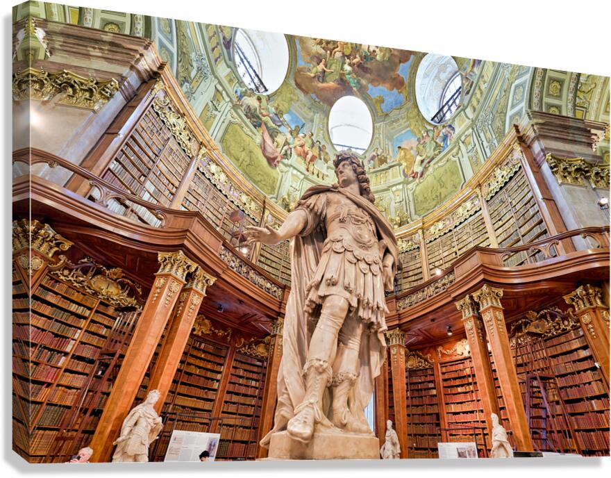 Grand baroque library with statue and painted ceiling.
