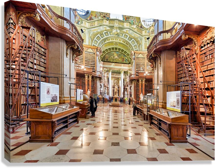 Ornate historic library interior with towering bookshelves and v