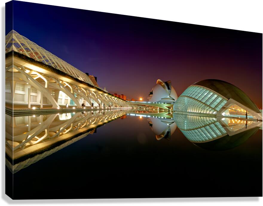 Evening view of Hemisferic at City of Arts and Sciences in Valen