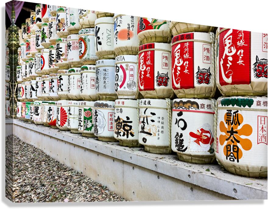Display of sake barrels at Shinto shrine in Japan