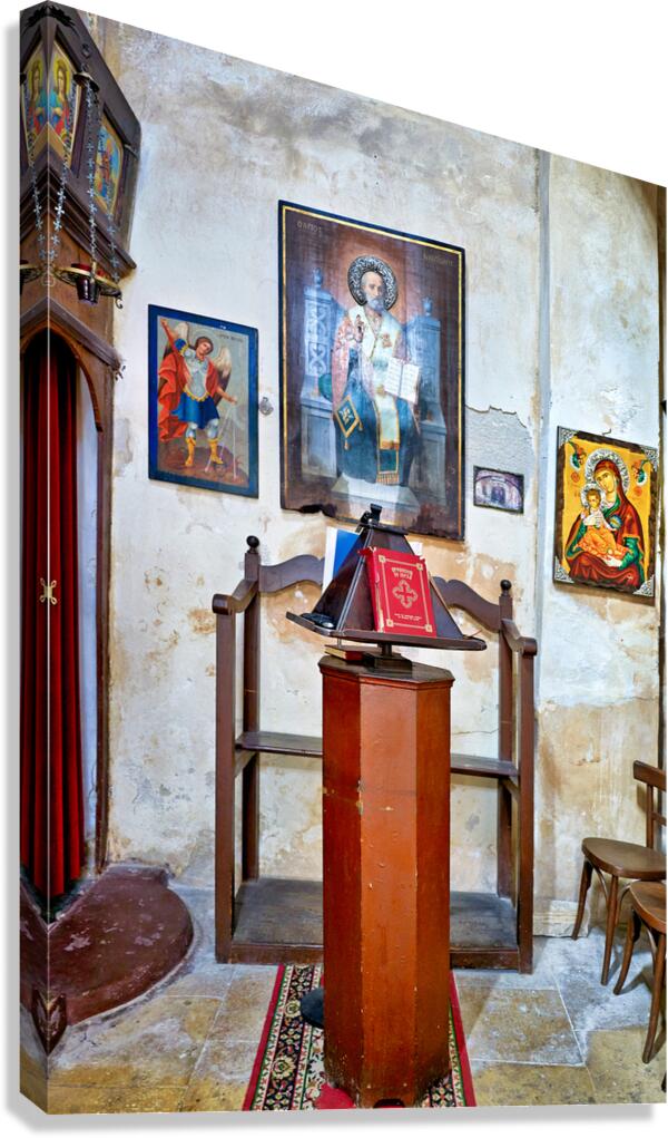 A small chapel features religious icons on the walls