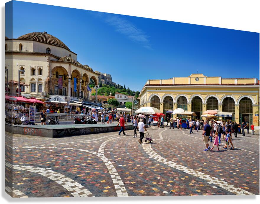 People walk and gather in Monastiraki Square in Athens Greece